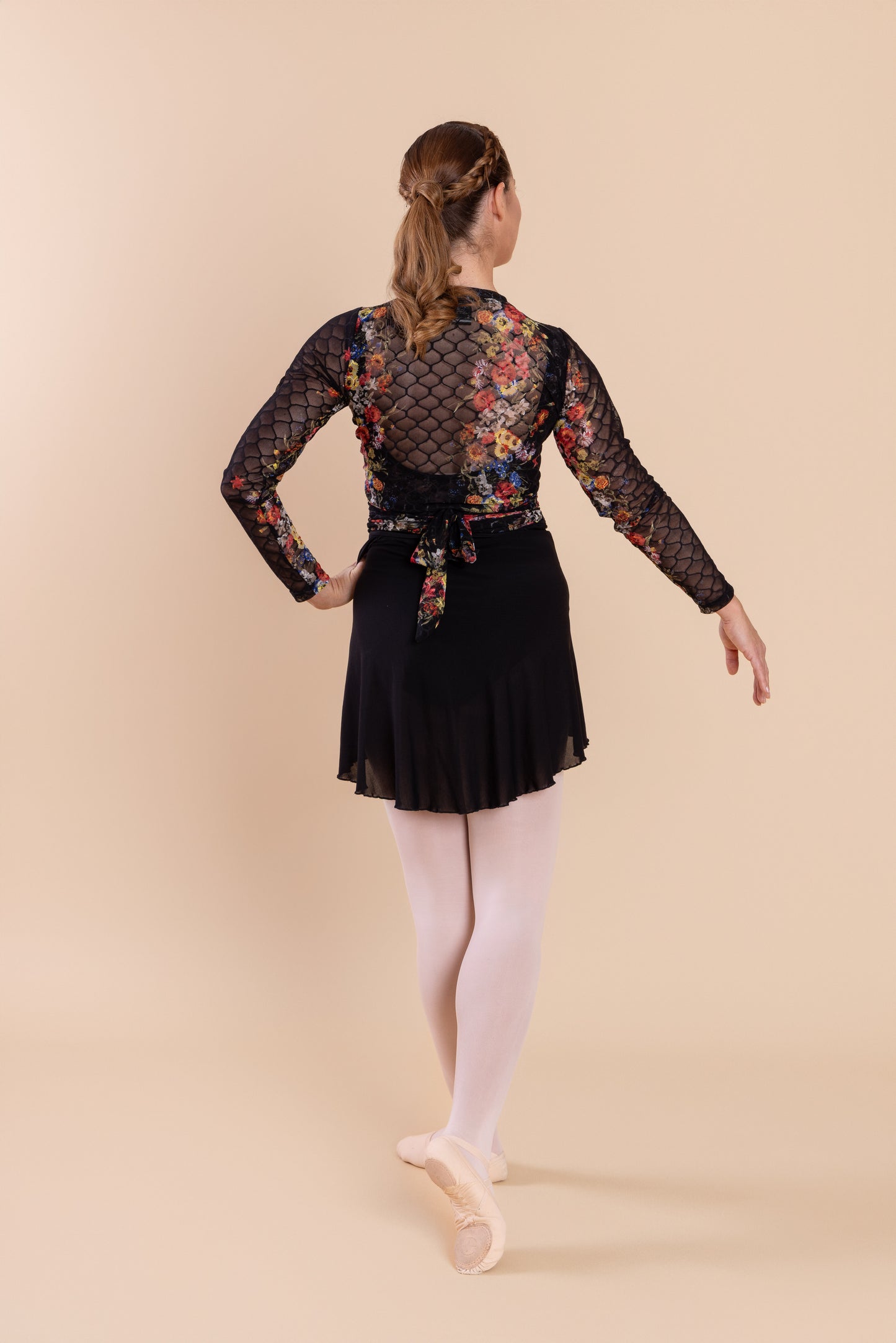 Mesh Stretch Ballerina Wrap Top Black Floral