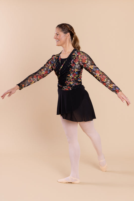 Mesh Stretch Ballerina Wrap Top Black Floral