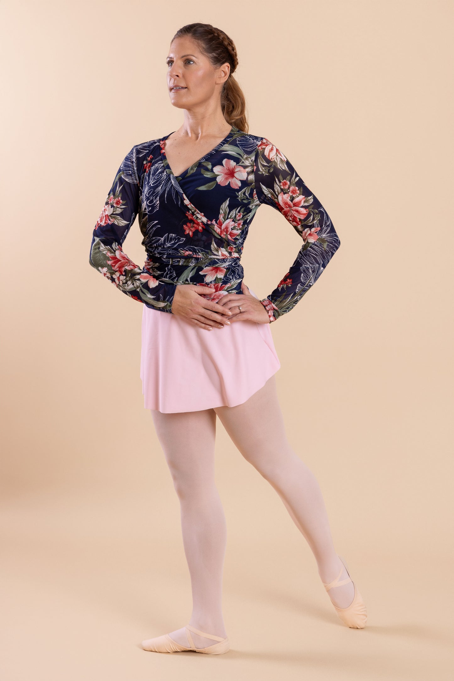 Mesh Stretch Ballerina Wrap Top Oasis Blooms