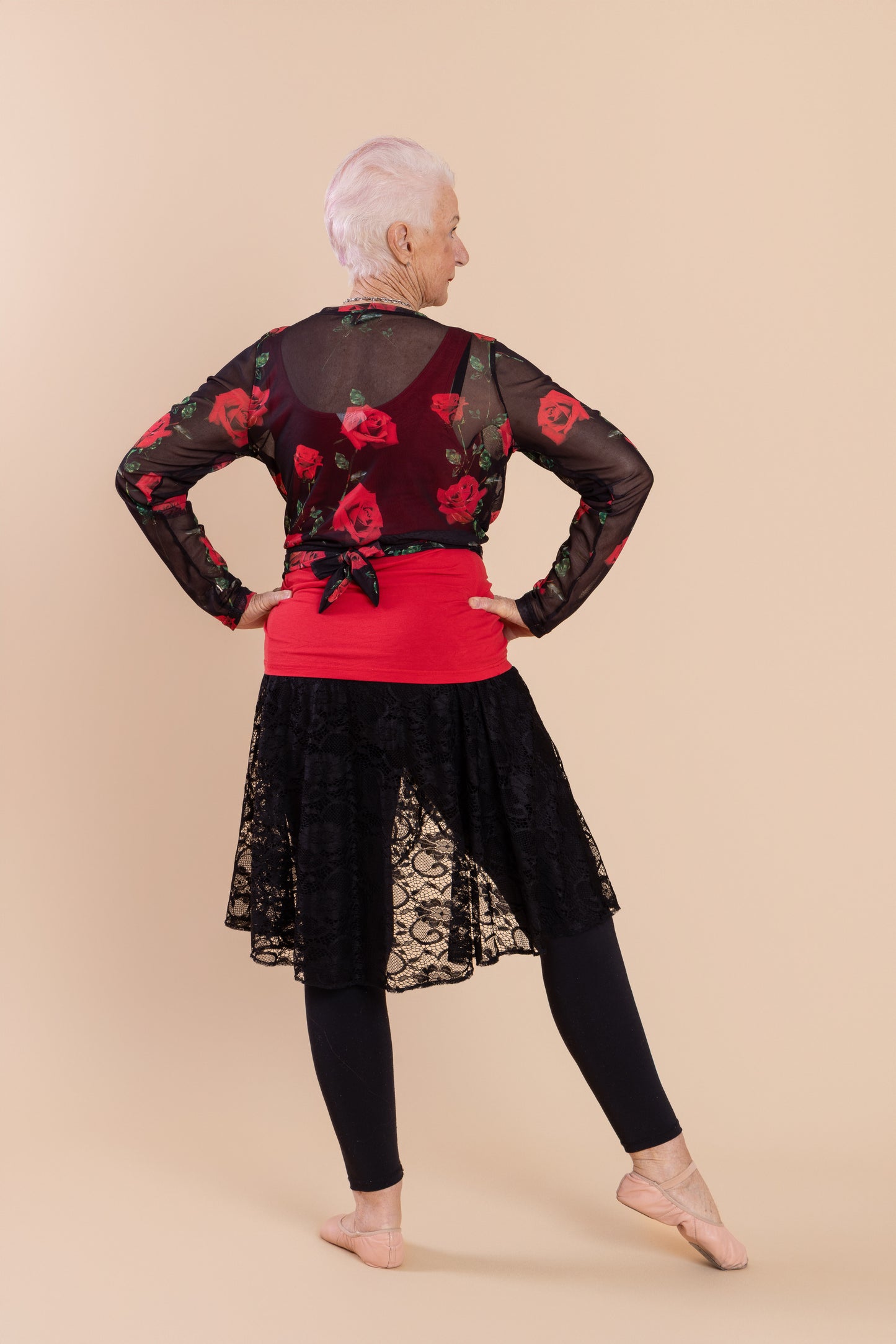 Mesh Stretch Ballerina Wrap Top Red Roses
