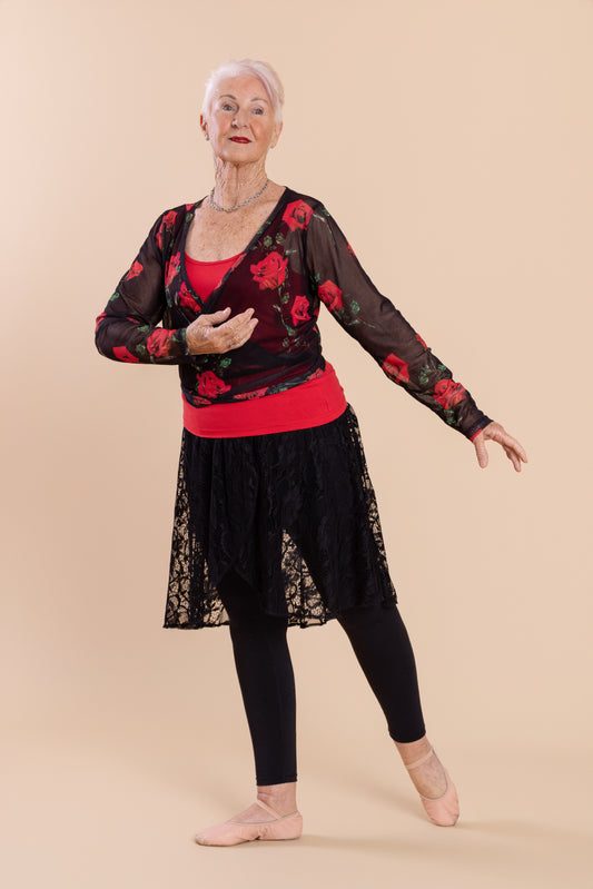 Mesh Stretch Ballerina Wrap Top Red Roses