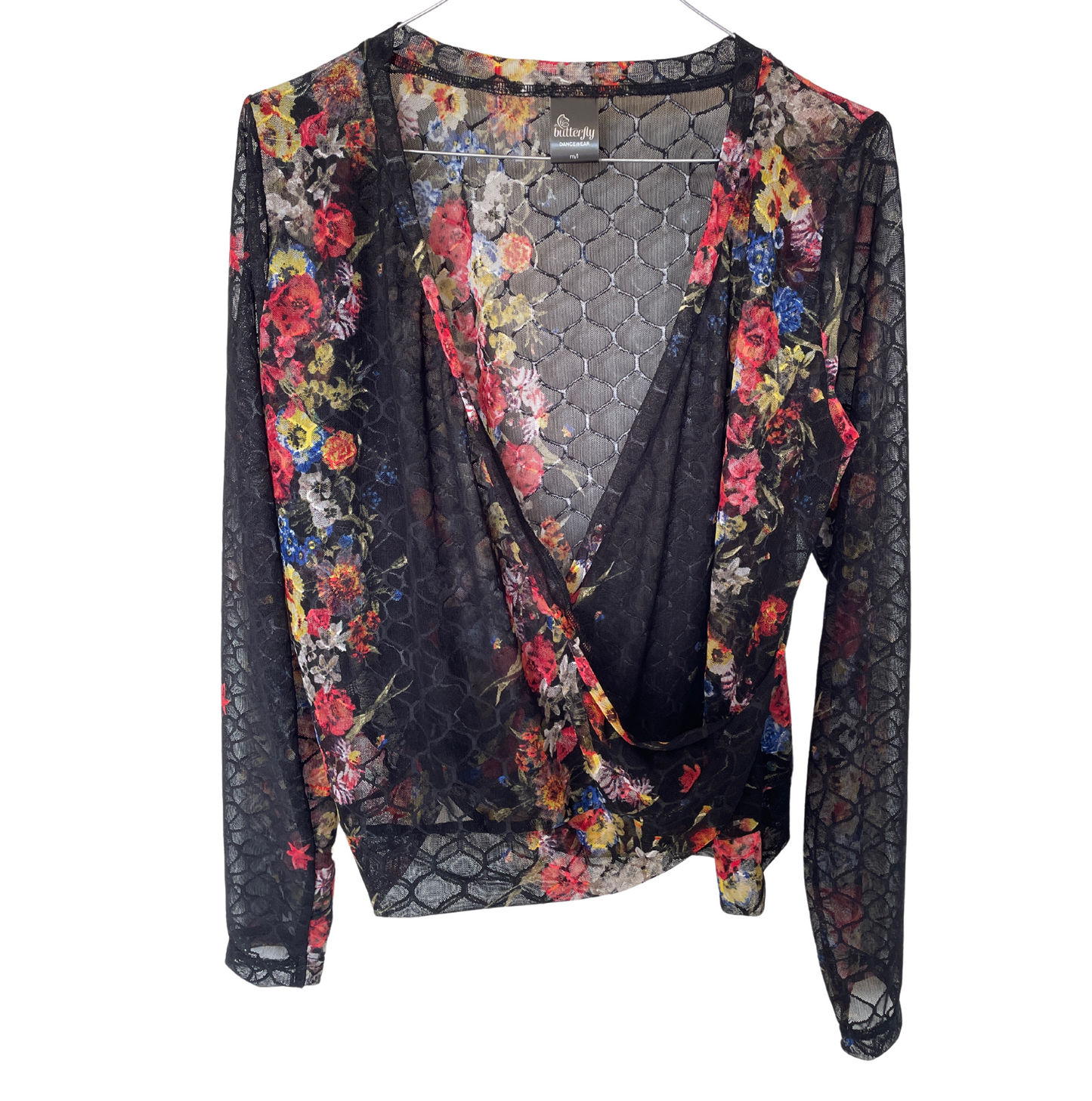 Mesh Stretch Ballerina Wrap Top Black Floral