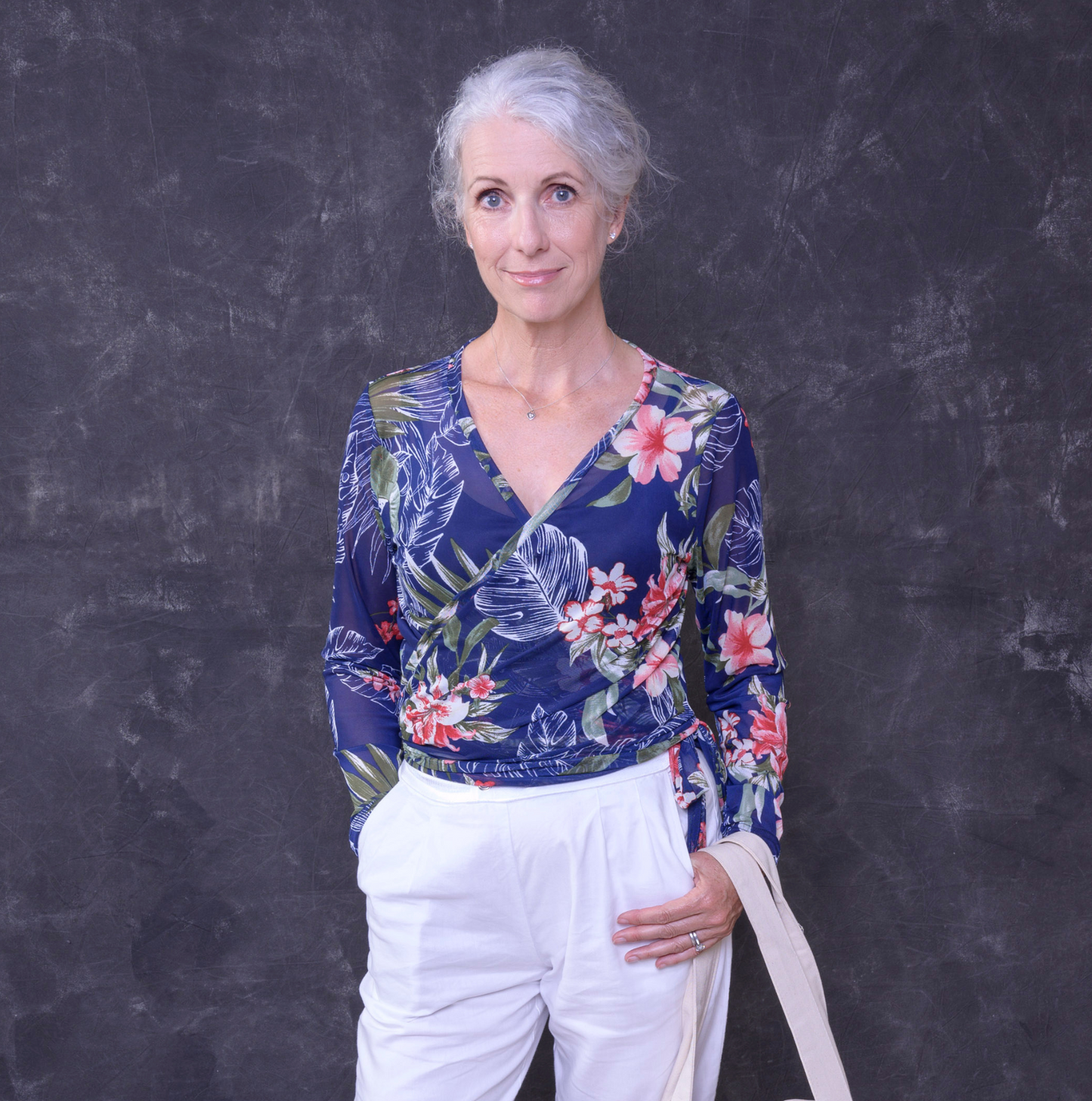 Mesh Stretch Ballerina Wrap Top Oasis Blooms