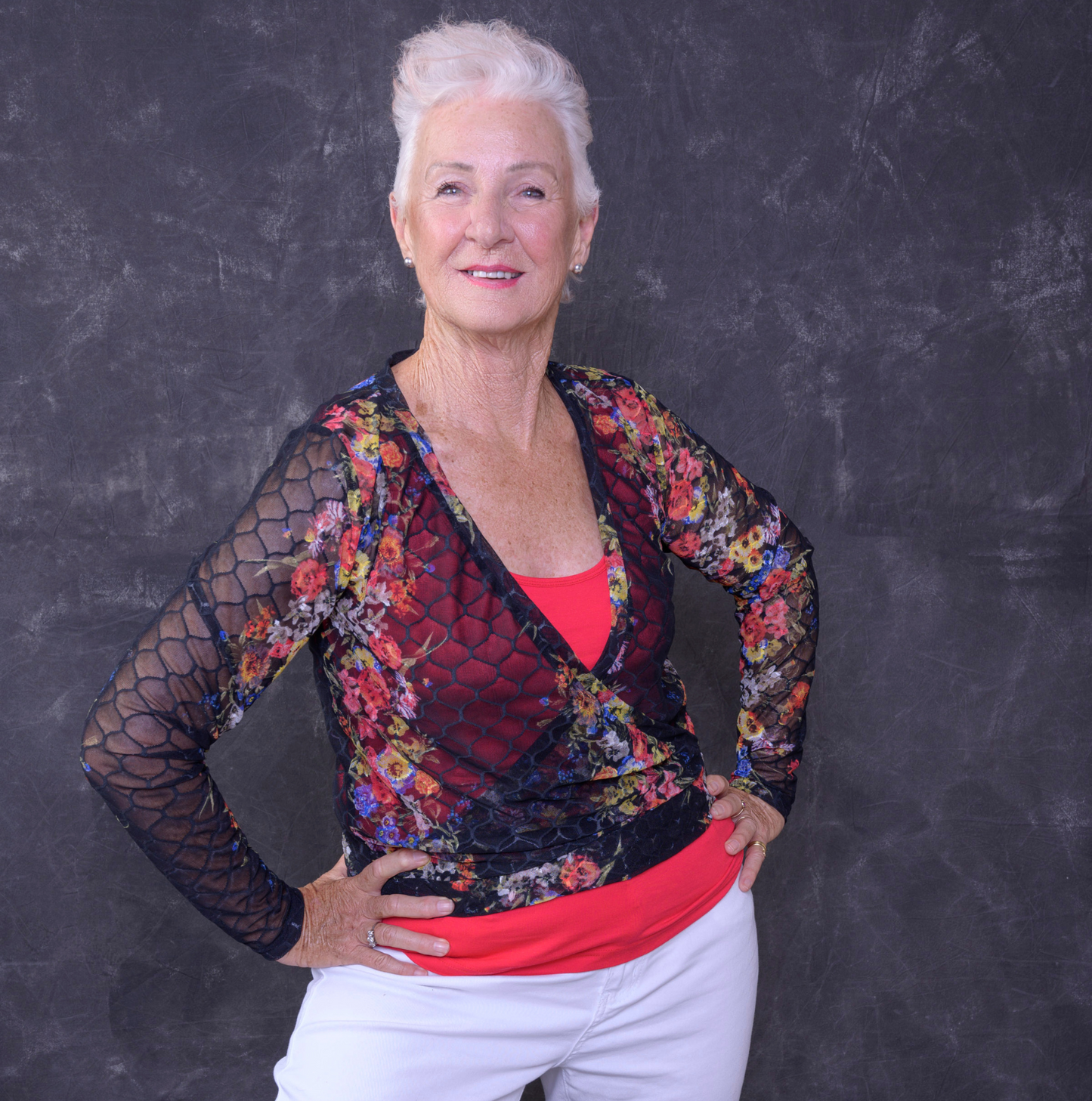 Mesh Stretch Ballerina Wrap Top Black Floral