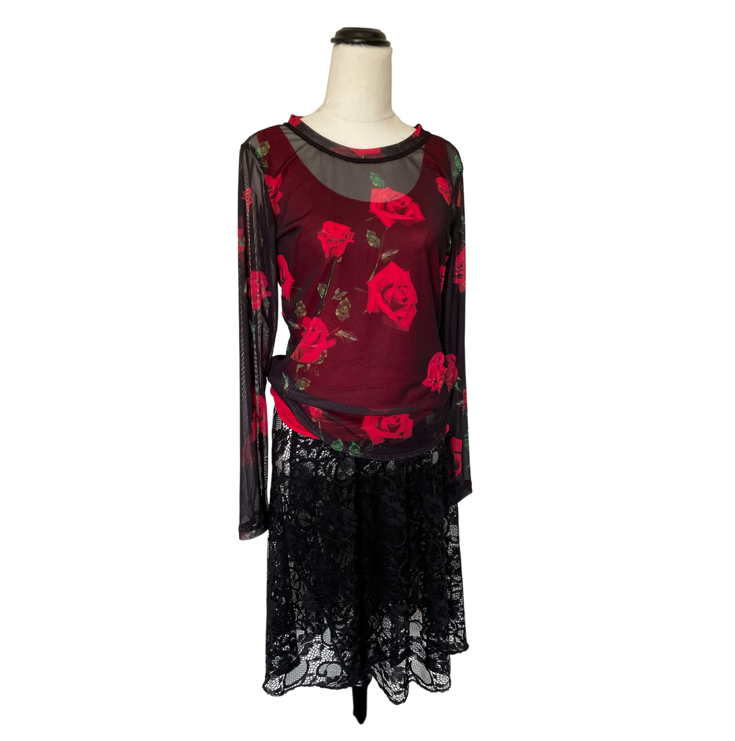 Mesh Stretch Long Sleeved Tee Red Roses