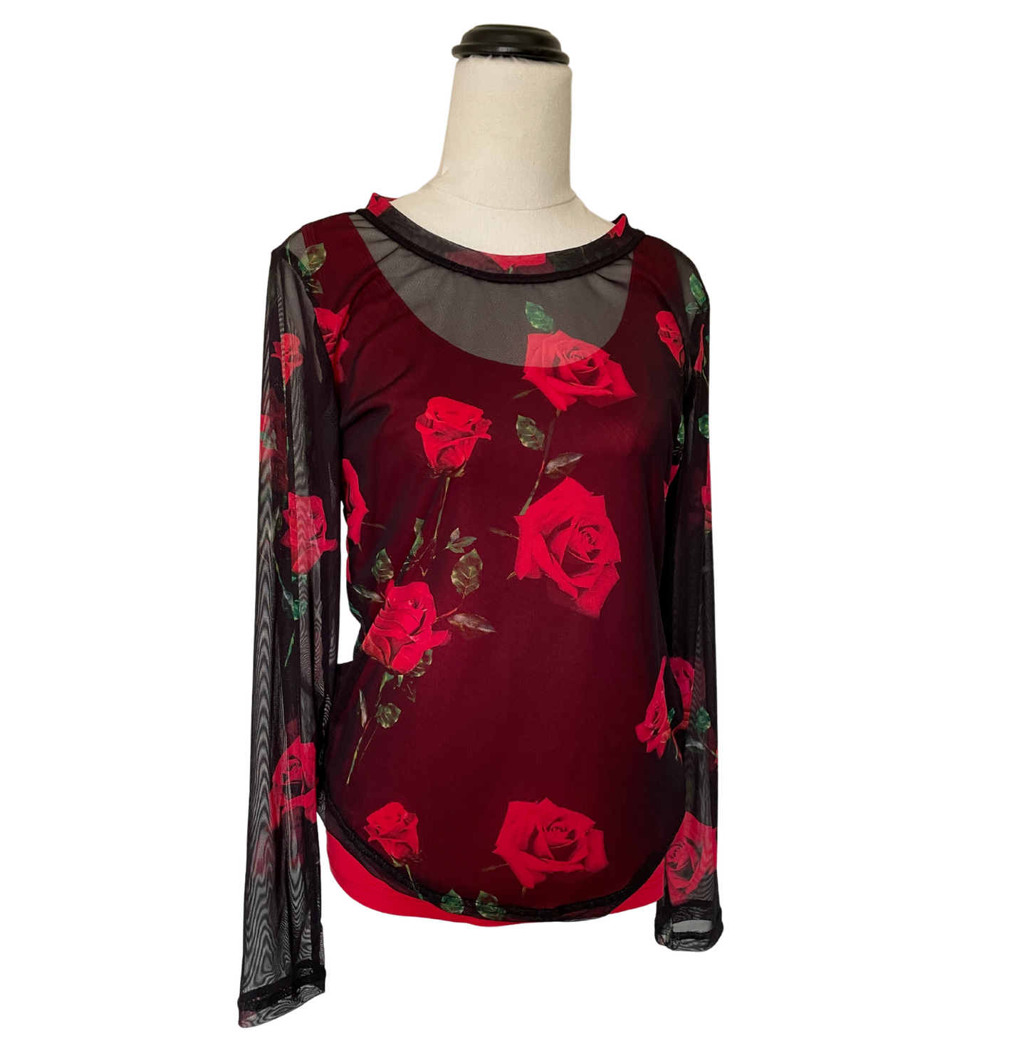 Mesh Stretch Long Sleeved Tee Red Roses