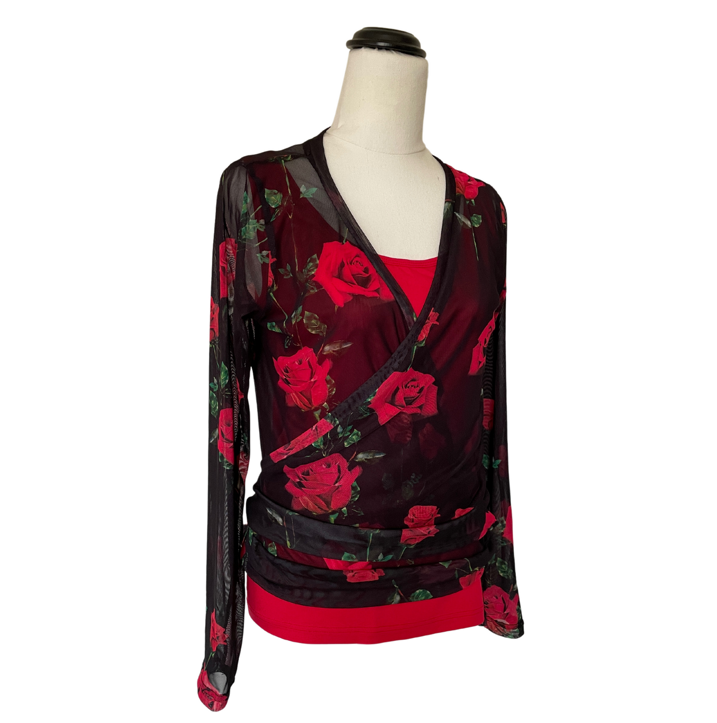 Mesh Stretch Ballerina Wrap Top Red Roses