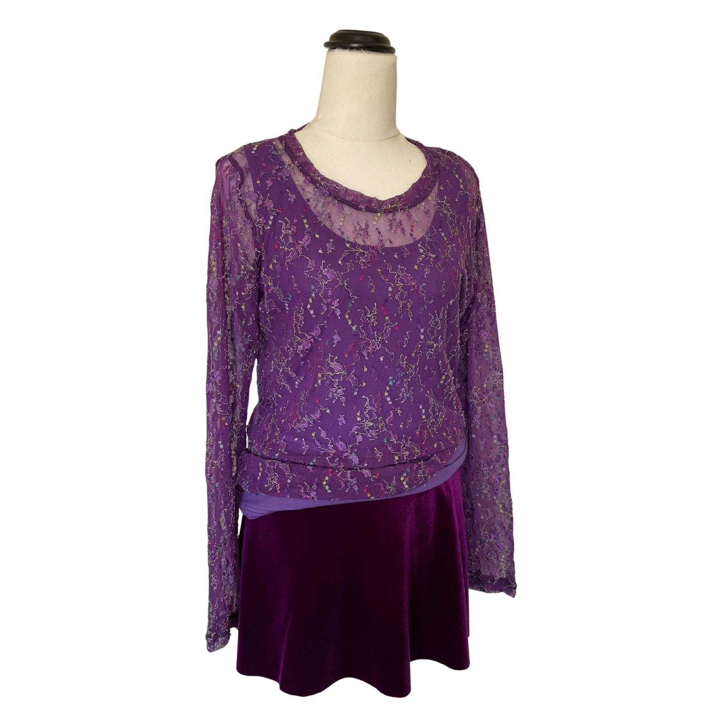 Mesh Stretch Long Sleeved Tee Embroidered Flowers