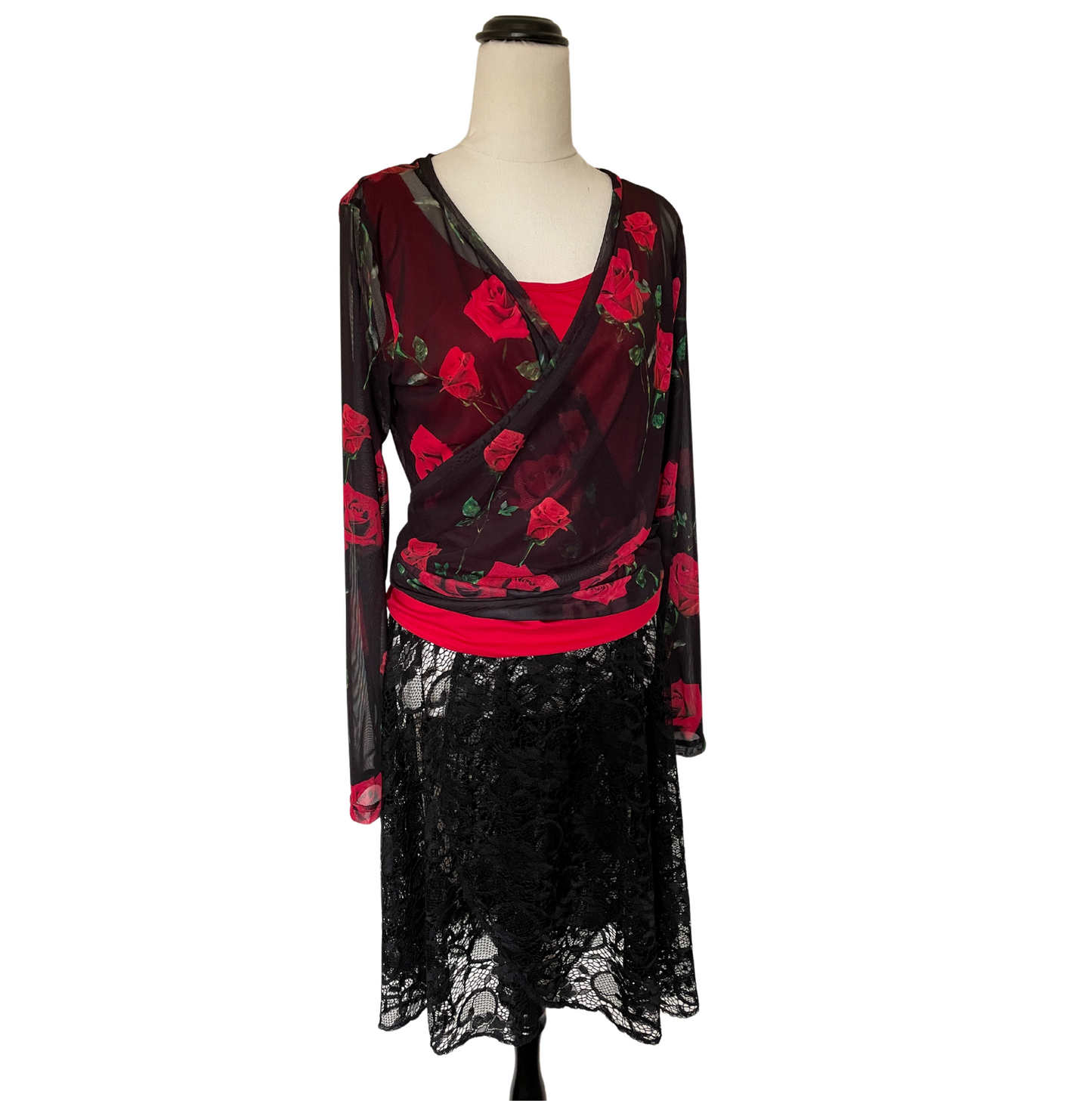 Mesh Stretch Ballerina Wrap Top Red Roses