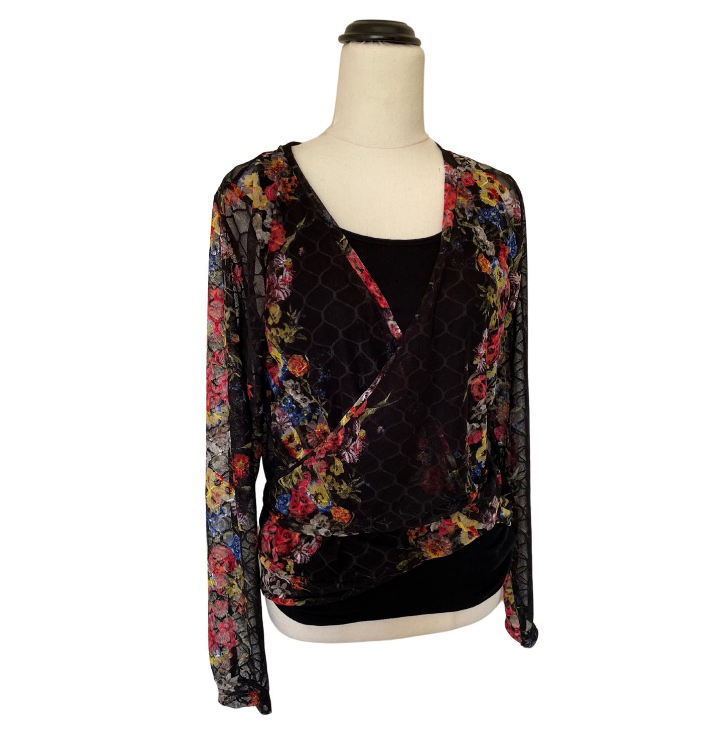 Mesh Stretch Ballerina Wrap Top Black Floral
