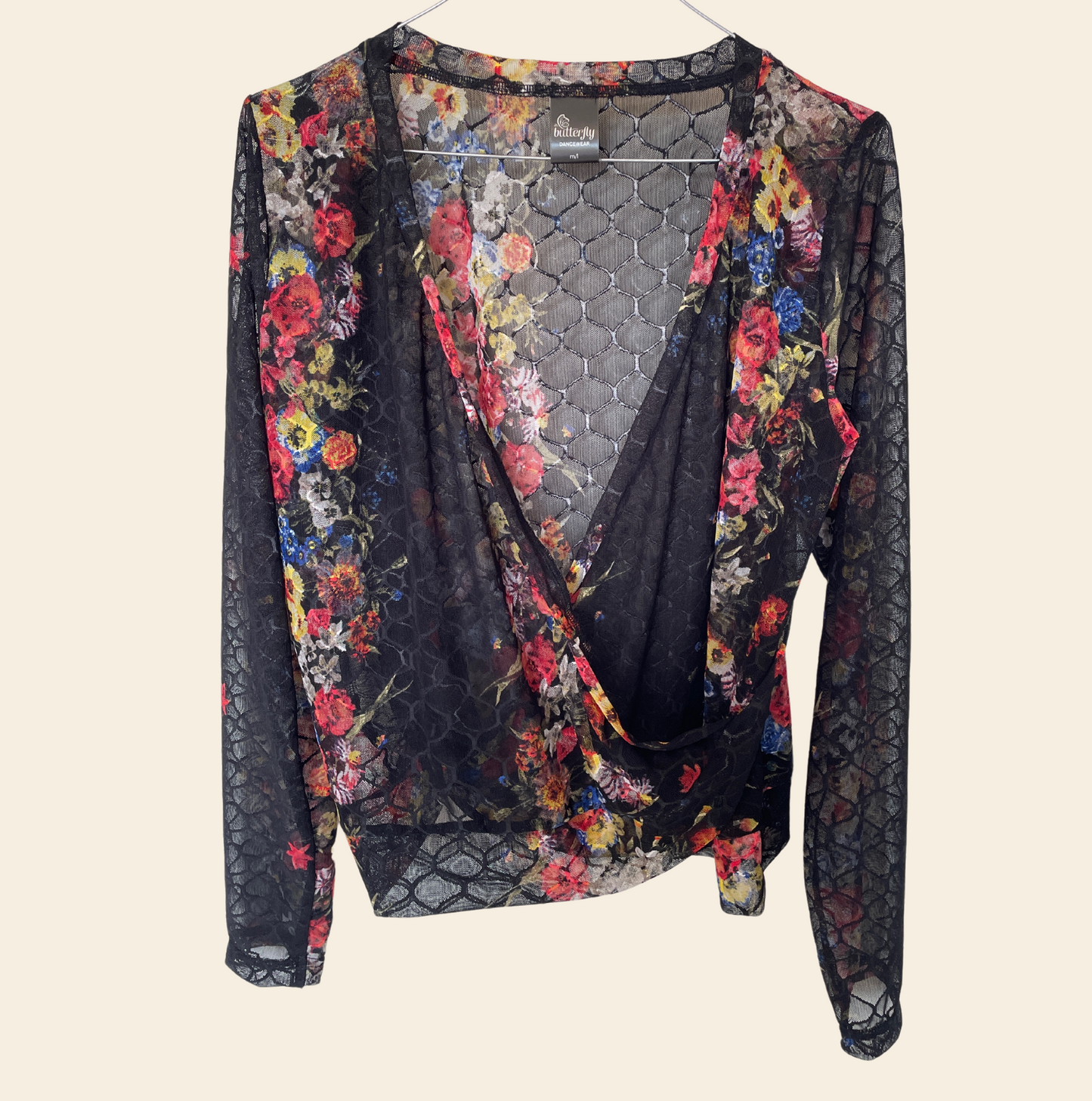 Mesh Stretch Ballerina Wrap Top Black Floral