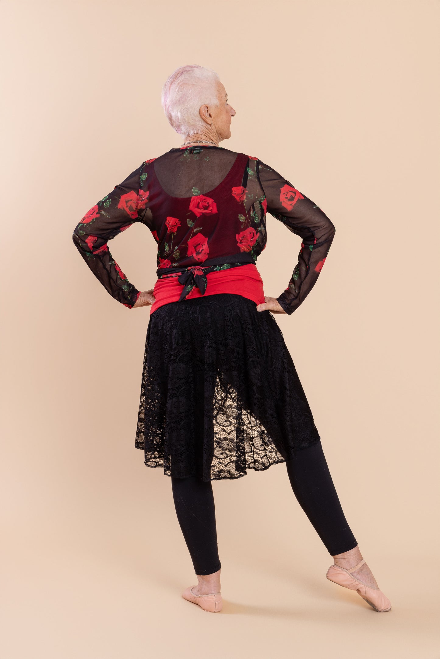 Mesh Stretch Ballerina Wrap Top Red Roses