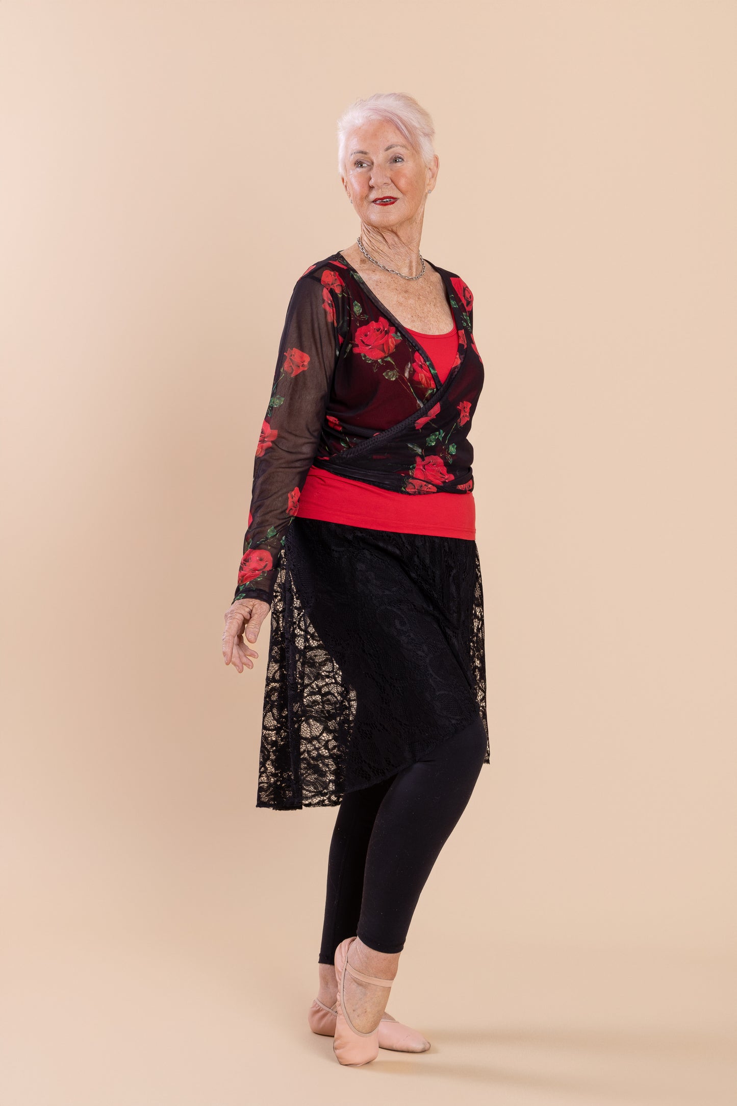 Mesh Stretch Ballerina Wrap Top Red Roses