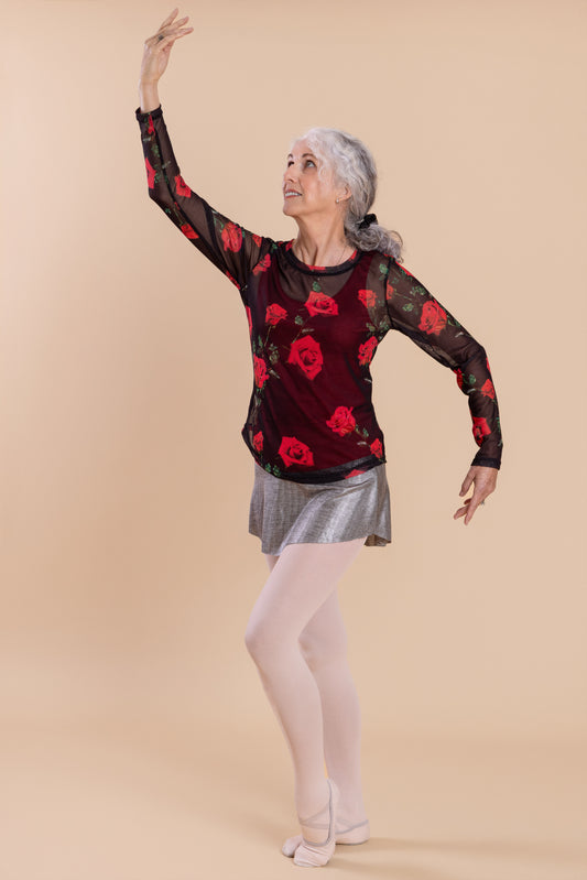 Mesh Stretch Long Sleeved Tee Red Roses