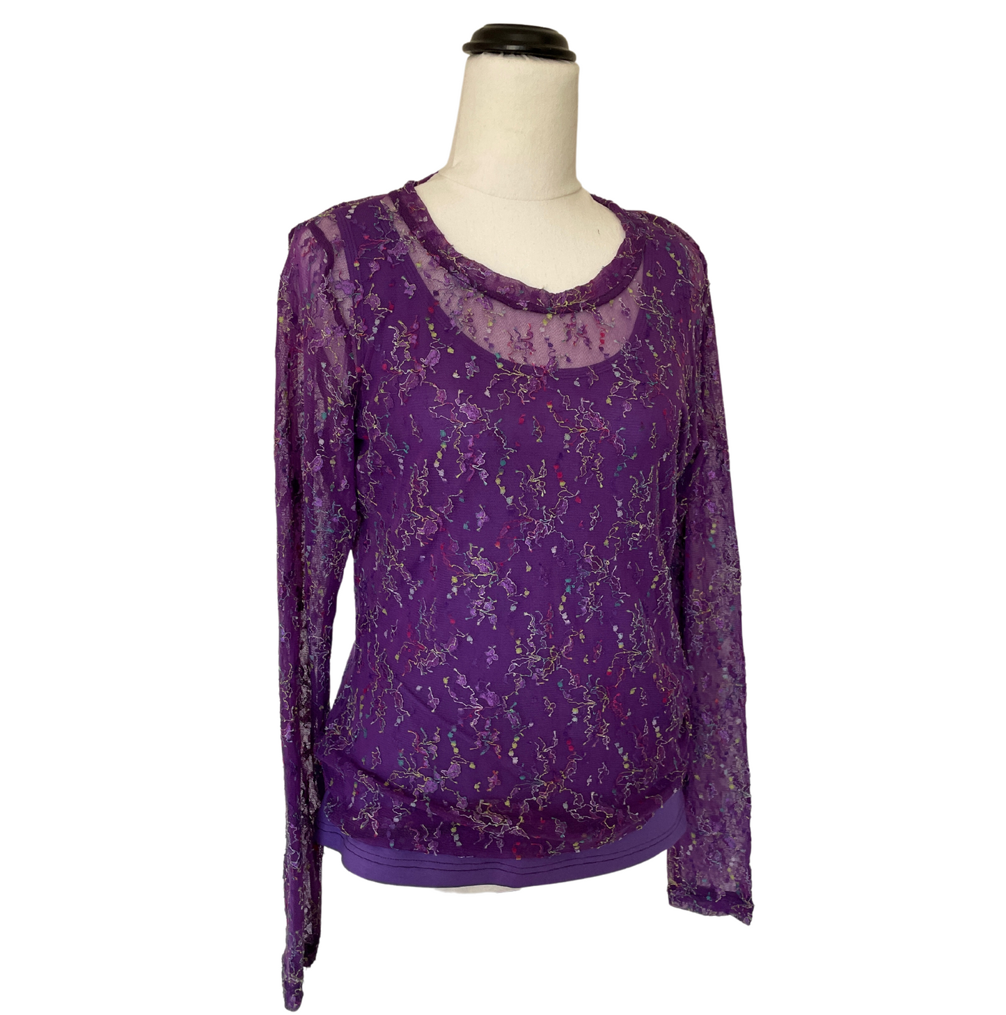 Mesh Stretch Long Sleeved Tee Embroidered Flowers